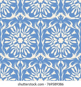 White and blue seamless pattern with decorative circles in the style of a mandala.  Vector illustration.