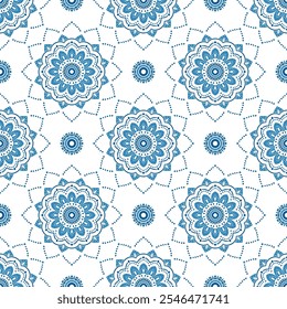 Padrão sem emenda branco e azul com ornamento mandala. Tradicional árabe, motivos indianos. Ótimo para tecido e têxtil, papel de parede, embalagem ou qualquer ideia desejada.