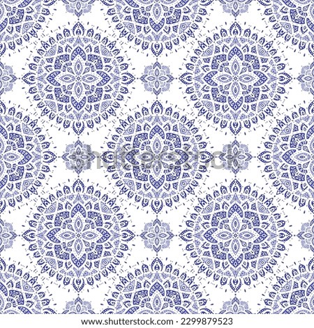 White and blue seamless pattern with mandala ornament. Traditional Arabic, Indian motifs. Great for fabric and textile, wallpaper, packaging or any desired idea.