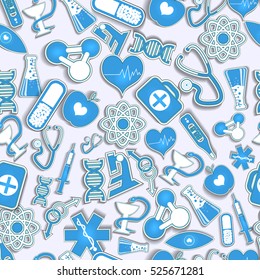White and blue seamless pattern with various medical and chemical instruments and signs flat vector illustration