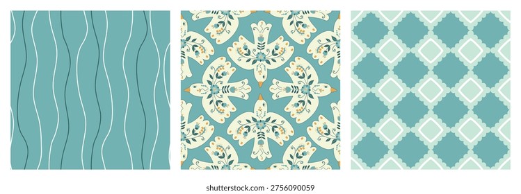 White and blue seamless patterns bundle with birds. Ethnic backgrounds with botanical simmetrical ornamets, wavy vertical lines, diamonds with carved edges. Vector prints on fabric and paper.