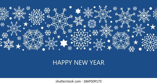 Borde de copos de nieve sin costuras de color blanco y azul, diseño navideño para tarjeta de felicitación. Ilustración vectorial, alegre navidad encabezado o banner de copo de nieve, tapicería o decoración de fondo 