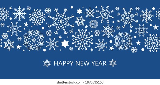 Borde de copos de nieve sin costuras de color blanco y azul, diseño navideño para tarjeta de felicitación. Ilustración vectorial, alegre navidad encabezado o banner de copo de nieve, tapicería o decoración de fondo 