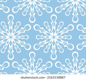 White blue seamless snowflake pattern design. Graphic background with snow elements. Repetitive ice illustration. Winter wallpaper art.