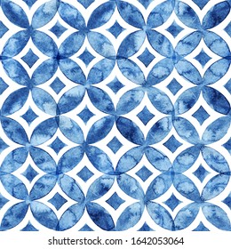White and blue seamless watercolor pattern. Ornament for a tile drawn by paint on paper. Vector illustration.