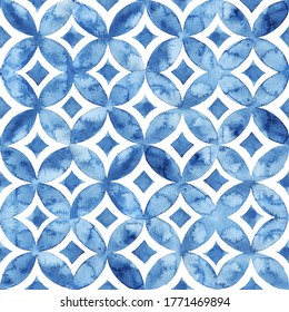 White and blue seamless watercolor pattern. Cute print for textiles. Vector illustration drawn by brush on paper.