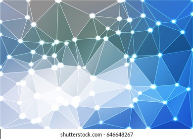 White blue shades abstract low poly geometric background with white triangle mesh and defocused lights.
