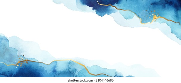 White and Blue shades watercolor fluid painting vector background design. Dusty pastel, neutral and golden marble. Dye elegant soft splash style. Alcohol ink imitation.