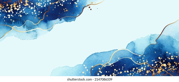 Sombras blancas y azules diseño de fondo vectorial de pintura de fluidos acuarela de color blanco y azul. Líneas doradas, olas, puntos brillantes, salpicaduras.