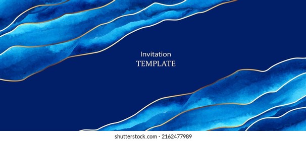 White and Blue shades watercolor vector background design. Dusty pastel, neutral and golden marble. Alcohol ink imitation. Abstract waves, lines.