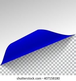 White and blue sheet of paper with curved corner and with shadow on transparent background. Transparency only in vector format