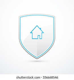 White and blue shield with home icon