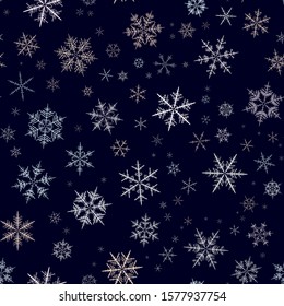 White, blue, silver gray snow flake tracery seamless pattern on dark. Abstract texture background vector illustration. Winter xmas new year ornament for prints, package, wrapping paper, greeting card