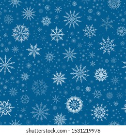 White blue snow flake tracery seamless pattern on dark. Abstract geometric texture background vector illustration. Winter xmas new year ornament for prints, package, wrapping paper, greeting card