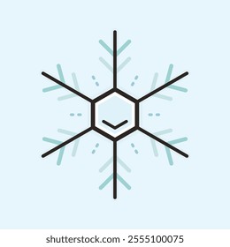 White and blue snowflake with hexagon shape and cute reflex filled vector icon. Winter six-pointed snowflake line art illustration