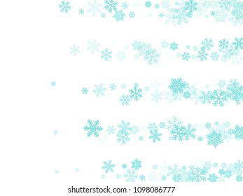 White blue snowflake macro vector illustration, snow flakes confetti cool scatter card. Winter new year snow backdrop pattern. Flakes falling and flying winter trendy vector background.