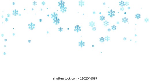 White blue snowflake macro vector illustration, snow flakes confetti minimal scatter card. Winter Christmas snow backdrop pattern. Flakes falling and flying winter trendy vector background.