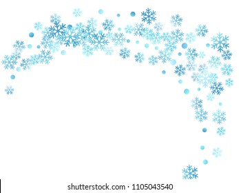 White blue snowflake macro vector illustration, snow flakes confetti minimal scatter card. Winter Cristmas snow background. Flakes falling and flying winter trendy vector background.