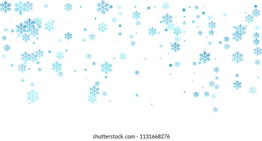 White blue snowflake macro vector illustration, snow flakes confetti cool scatter card. Winter Christmas snow backdrop pattern. Flakes falling and flying winter trendy vector background.