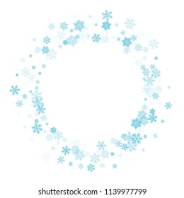 White blue snowflake macro vector illustration, snow flakes confetti magical scatter card. Winter Christmas snow backdrop pattern. Flakes windy and flying winter trendy vector background.