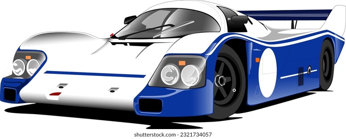 white blue sports speed fast race track performance classic vintage antique oldschool retro car front side view wheels vector illustration