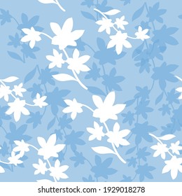 Flores primaverales blancas y azules sobre fondo azul sin costura. Patrón vectorial de ilustración de moda para identidad de marca, envoltura y papel tapiz