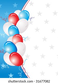 white and blue star background with three colors balloons, vector card illustration