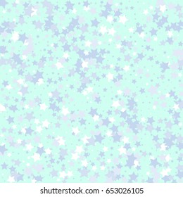 White and blue stars on a light mint background.  Vector star confetti splash isolated on mint and green background. Pattern with small stars. Modern Creative Pattern. Vector image, EPS10.