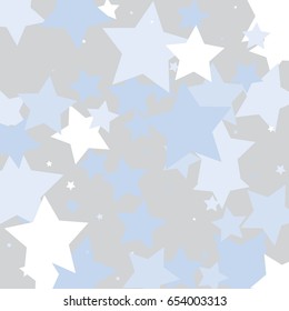 White and blue stars on a light grey background.  Vector star confetti splash isolated on grey background. Pattern with small stars. Modern Creative Pattern. Vector image, EPS10.