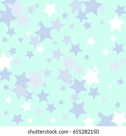 White and blue stars on a light mint background.  Vector star confetti splash isolated on mint and green background. Pattern with small stars. Modern Creative Pattern. Vector image, EPS10.