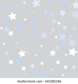 White and blue stars on a light grey background.  Vector star confetti splash isolated on grey background. Pattern with small stars. Modern Creative Pattern. Vector image, EPS10.