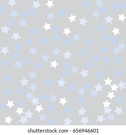 White and blue stars on a light grey background.  Vector star confetti splash isolated on grey background. Pattern with small stars. Modern Creative Pattern. Vector image, EPS10.