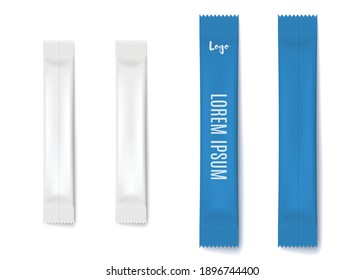 White and blue stick packs. Foil bags, sachet, containers for packaging of sugar, salt or coffee. Blank template or mockup for place logo. Realistic 3d isolated vector illustration