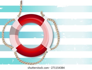 White and blue striped background with lifebelt