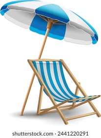 White and blue striped sun lounger and beach umbrella on a white background. Highly realistic illustration.