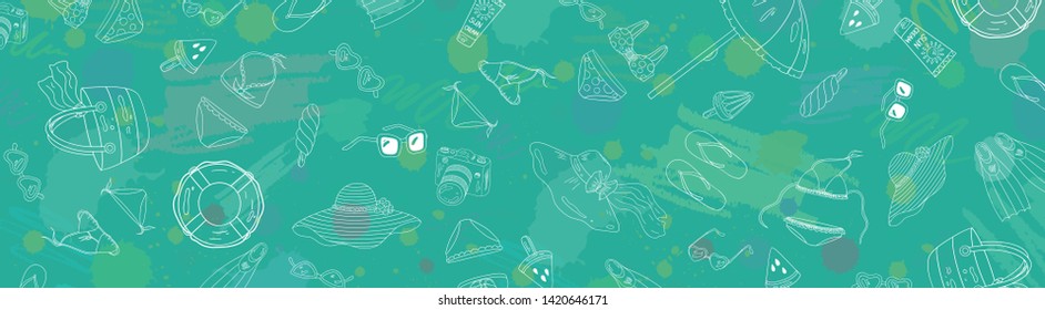 White and blue summer background. Summer objects banner. Umbrella, glasses,  ice cream, bikini illustration. Beach items stripe composition. Summer beach hand drawn texture.