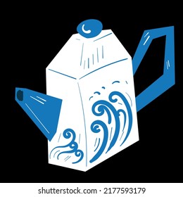 White blue teapot with waves. Kitchen utensils vector icon on black background.