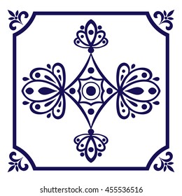 White blue tile vector. Dutch tiles pattern with indigo and white ornaments.