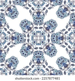 white and blue traditional Indian paisley , paisley seamless pattern background, vector paisley repeatable pattern , fabric seamless , abstract flowers paisley