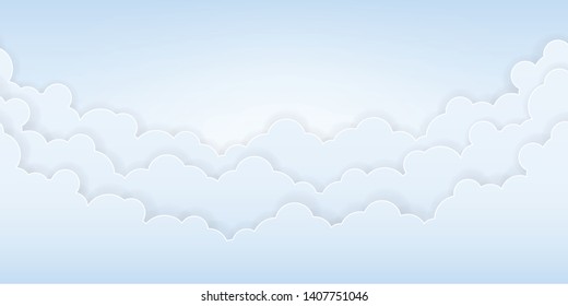 white blue transparent clouds paper cut 3d layers and blue sky summer background.