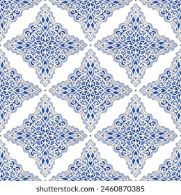 Patrón turco blanco y azul sin costuras con adorno floral de lujo. Motivos tradicionales árabes e indios. Ideal para tela y textil, Fondo de pantalla, embalaje o cualquier idea deseada.