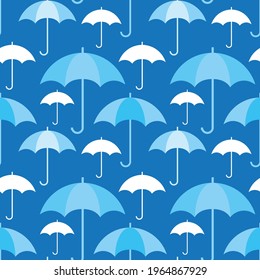 Paraguas blancos y azules sobre fondo azul sin inconvenientes. Ilustración vectorial.