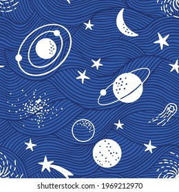 White and Blue Universe Seamless Pattern