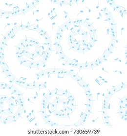 white and blue vector background with spiral - seamless pattern with music notes