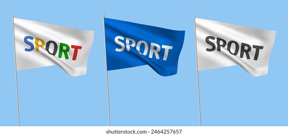 White and blue vector flags with SPORT text. A set of wavy 3D flags with flagpoles isolated on light blue background, created using gradient meshes