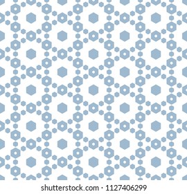 White and blue vector geometric seamless pattern with hexagonal lattice. Subtle minimal hexagons texture, ornamental grid, mesh, net. Abstract repeat geometry background. Stylish modern design element