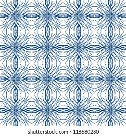 white and blue vector pattern imitating Mediterranean ceramic design of the wall tiles. drawn with thick and thin calligraphic lines, seamless pattern background