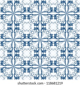 white and blue vector pattern imitating Mediterranean ceramic design of the wall tiles. drawn with thick and thin calligraphic lines, seamless pattern background