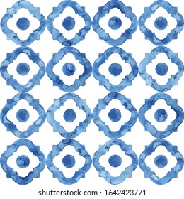 White and blue watercolor pattern. Seamless print for textiles. Handmade. Ornament drawn by brush on paper. Vector illustration.