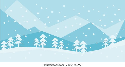 White and blue winter landscape, snowy mountains, and forest, snowfall, alpine